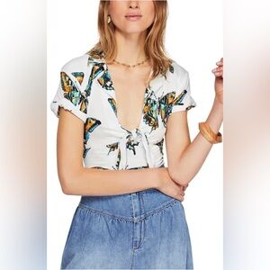 Free People Ready Set Sail Butterfly Print Tie Top Cropped Blouse